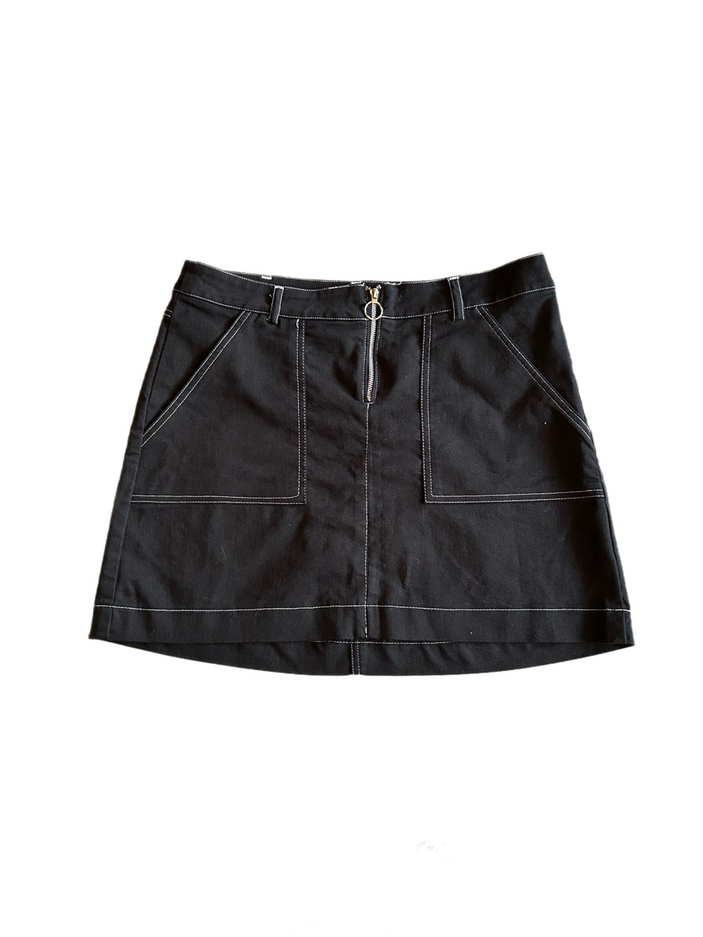 Black Mini Skirt with Front Zip tie and Contrast Stitching Size Medium